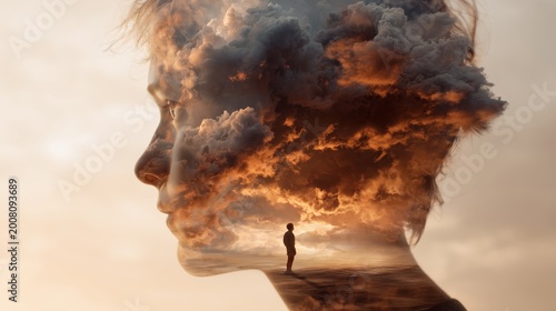 Calm Human Profile Double Exposure With Sunset Storm Clouds and Tiny Person