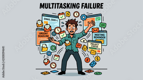 Stressed office worker experiencing multitasking failure and overwhelming workload.