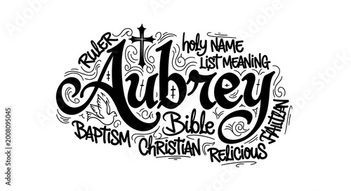 Aubrey name design with cross and religious elements on white background
