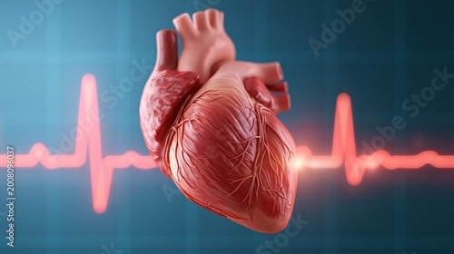 3d rendering of human anatomical heart with electrocardiogram line on dark background.