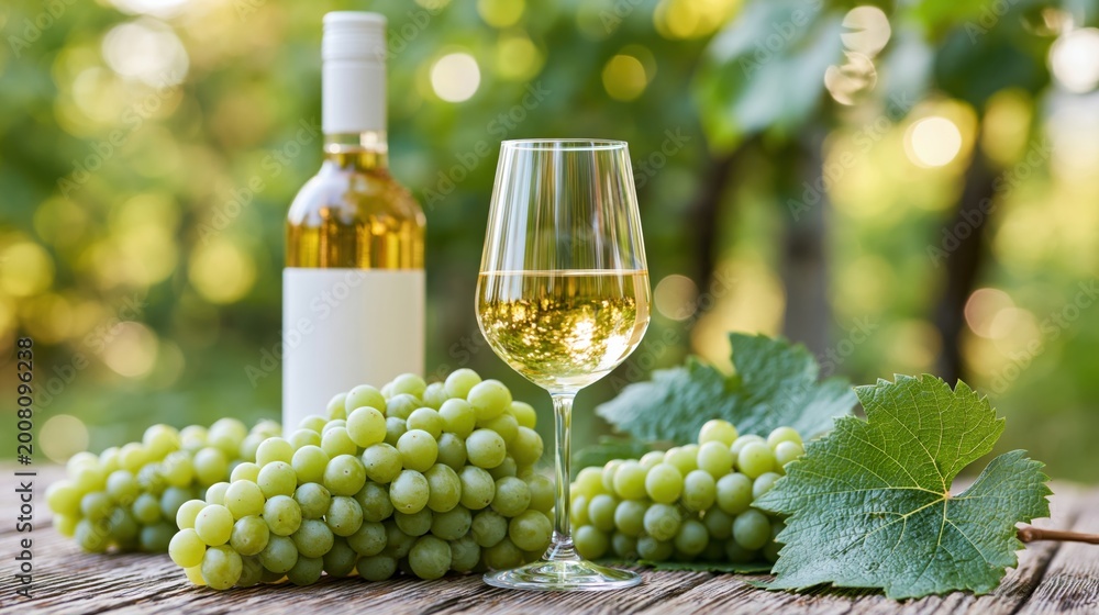 Obraz premium Glass of white wine and bottle on rustic wooden table with fresh grapes in vineyard.