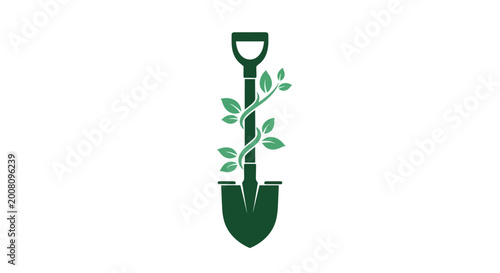 Green gardening spade icon wrapped in vine on white background