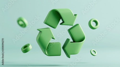 Green 3d recycle symbol floating on a light background.