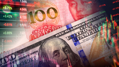 Slika na platnu Global economic confrontation and trade war dynamics reflected through currency volatility and real-time market data