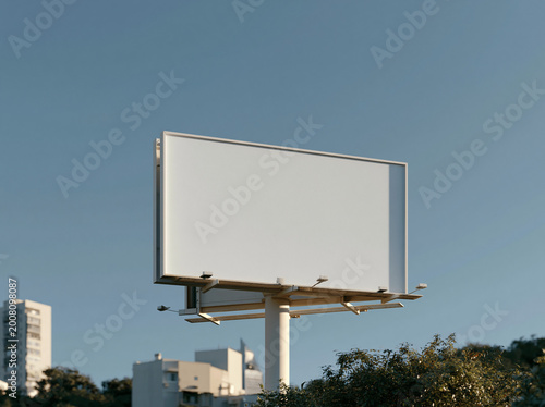 Horizontal outdoor billboard mockup with city buildings and trees background