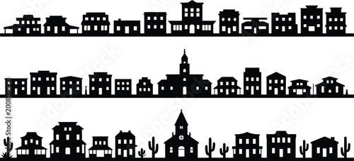 Foto Black silhouette of western town buildings and cacti