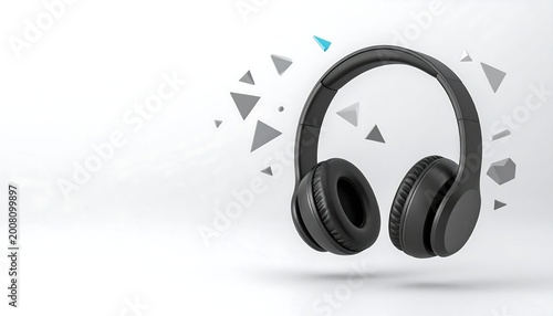 Black Headphones Floating with Abstract Triangle Shapes