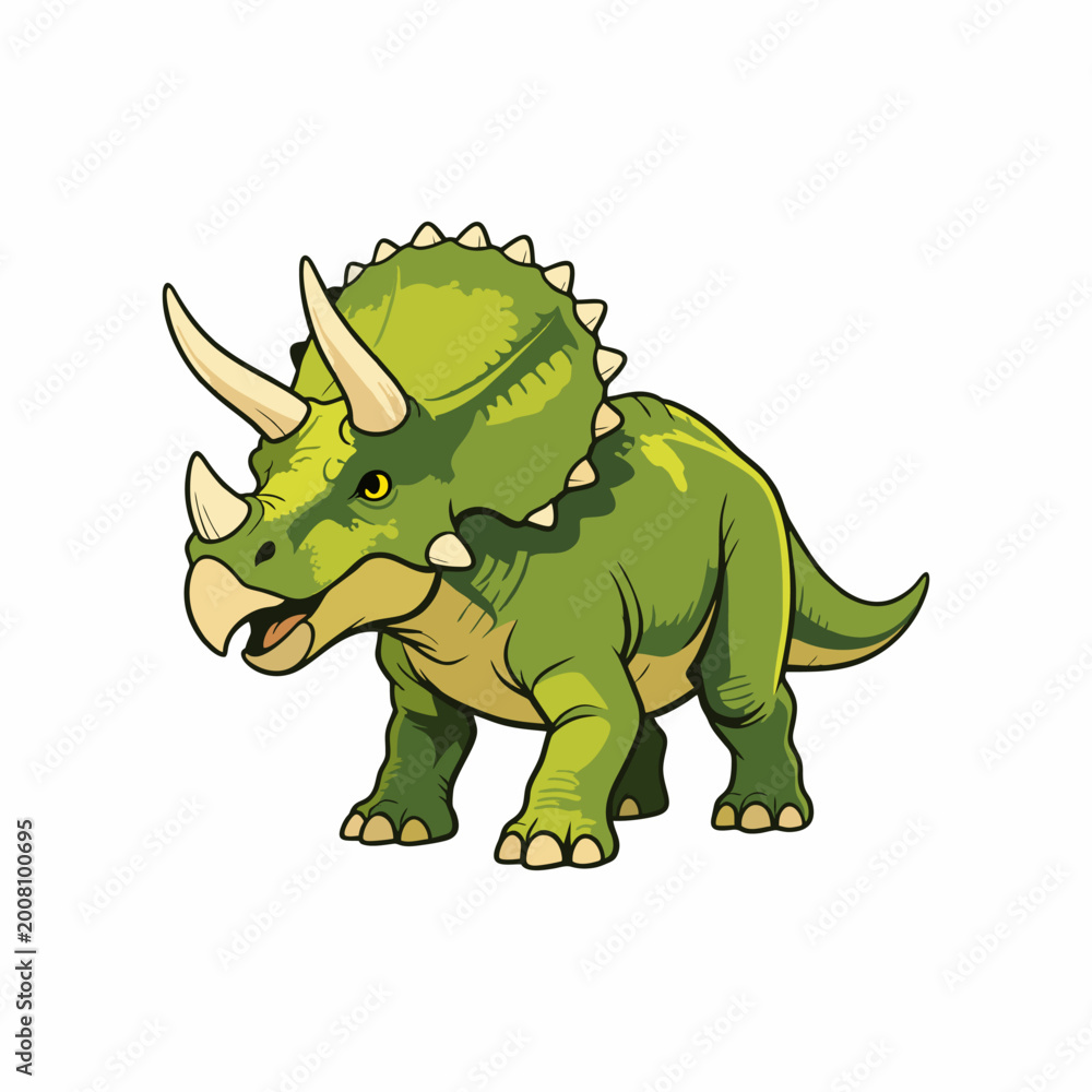 Fototapeta premium Green Triceratops Dinosaur Cartoon Vector Illustration Isolated on White Background