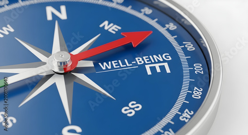 Compass pointing towards wellbeing, conceptual image for health and life balance