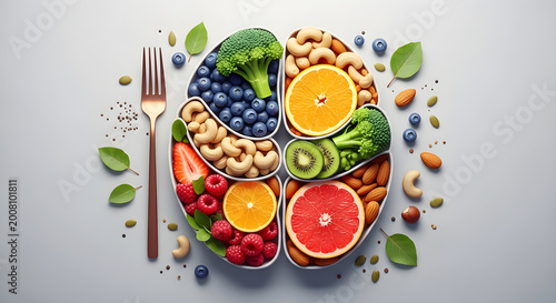 Healthy food arranged in the shape of a human brain with a fork, representing nutrition for mental health