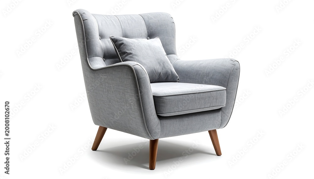 Fototapeta premium A modern, upholstered armchair in a light gray fabric with wooden legs, featuring a matching cushion