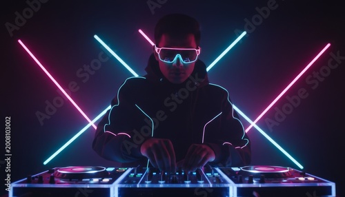 Dj playing music on console with neon lighting diversity people concept, diversity community