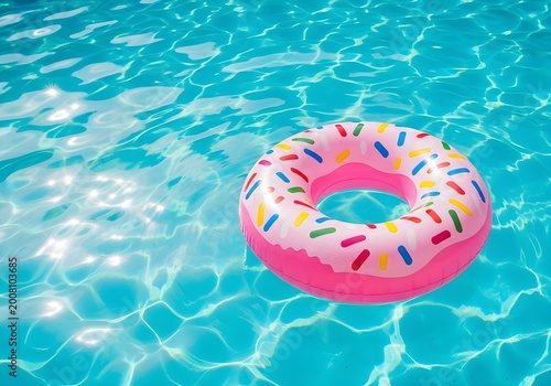 A vibrant pink donut shaped inflatable floats serenely on the surface of a sparkling blue swimming pool summer vibes
