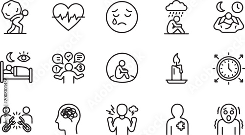 Mental Health Icons with Stress Anxiety and Depression Symbols in a Clean Vector Style