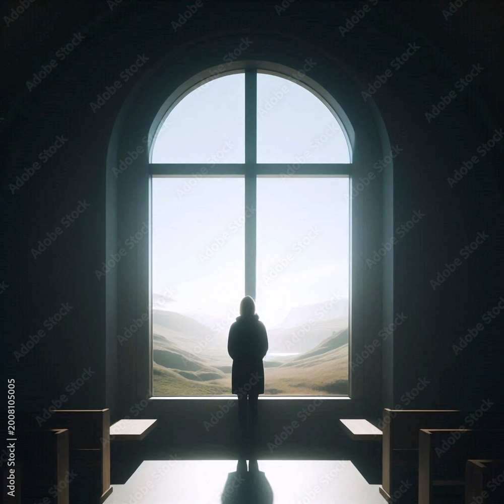 Fototapeta premium A cross-shaped window with a figure looking out, seen from inside, Ai generated image