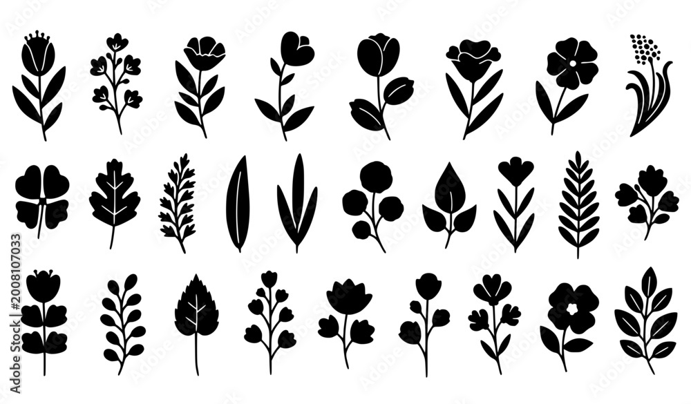 Obraz premium Minimal Floral and Botanical Silhouette Icon Collection Featuring Abstract Flowers Leaves Plants and Nature Elements for Decorative Vector Design