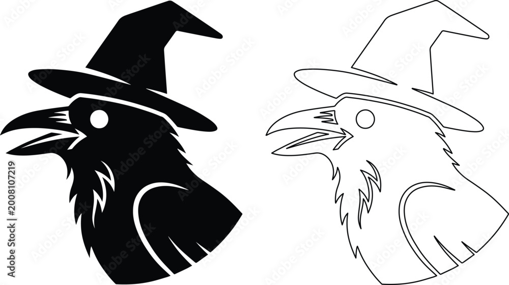 Fototapeta premium Halloween raven witch vector icon set, spooky crow bird wearing wizard hat, black silhouette and line art illustrations for occult graphic design