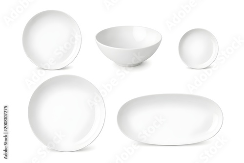 Set of White Ceramic Plates and Bowl Isolated on White Background – Round, Oval and Small Dish Collection