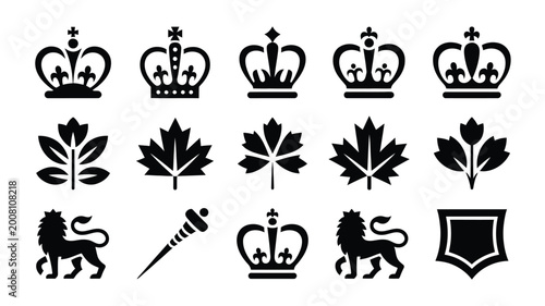 Photography Collection of royal symbols including crowns maple leaves lions scepters and shi