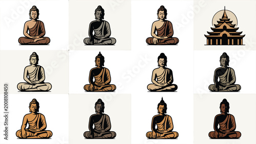 Slika na platnu Collection of stylized buddha icons and a temple silhouette in earthy tones and