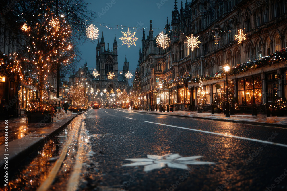 Naklejka premium Magical Christmas City Street at Night with Festive Lights and Historic Architecture