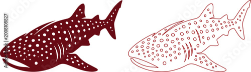 Photos Whale shark vector silhouette and line art set, maroon spotted marine animal ico