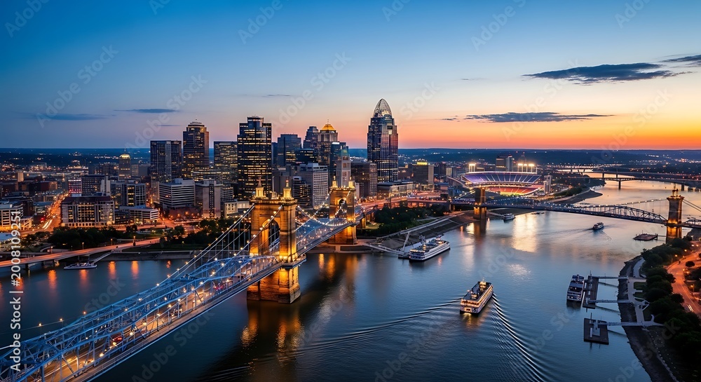Fototapeta premium City skyline at sunset with bridges and river reflecting lights