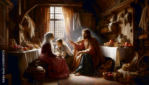 Christ in the home of Martha and Mary, Dutch Golden Age style, Ai generated image
