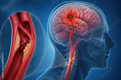 Ischemic Stroke Medical Illustration with Carotid Artery Plaque Blockage and Brain Infarction Visualization