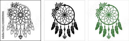Photos Bohemian dreamcatcher vector set with floral accents, ethnic dream catcher silho