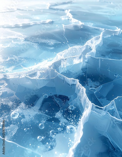 Cracked blue ice surface with trapped air bubbles, showcasing intricate patterns of frozen water in a close-up, abstract perspective