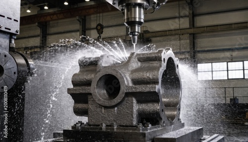 Medium shot capturing the robust casting and CNC cutting of cast iron gear pump casing emphasizing heavyduty manufacturing in a wellequipped metal workshop.