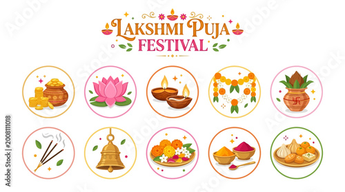 Φωτογραφία Lakshmi Puja Festival Symbols with Diya Lamp Lotus Kalash and Offering Items