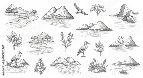 Tableau sur toile Mountain landscape with birds and plants.