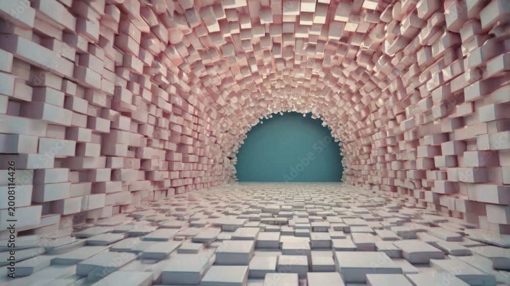 Fototapeta premium Pink textured tunnel with blue opening white