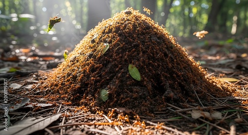 Close up of an ant hill in a forest environment with natural sunlight