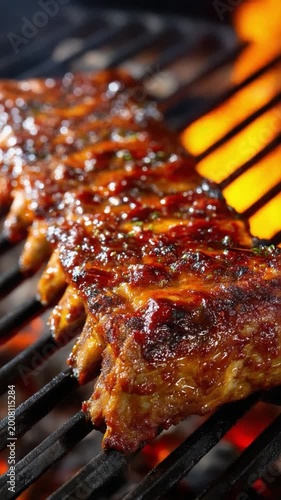 Smoky Grill Perfection: Capturing the sizzling moment of barbecue ribs cooking on a grill with flames licking the meat, evoking mouthwatering aromas and the satisfaction of culinary mastery.