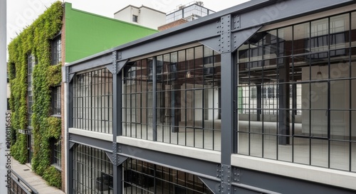 Modern loft house showcases exposed steel beams and large windows in an urban setting with green wall and overcast daylight visible through factory-style windows.