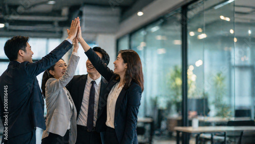 Happy diverse business team high five in office