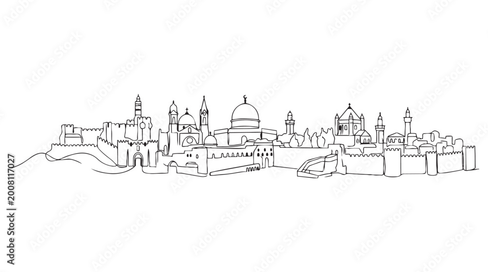 Fototapeta premium Jerusalem skyline line art illustration with black and white, hand drawn