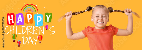 Stylish little girl with glitter on yellow background