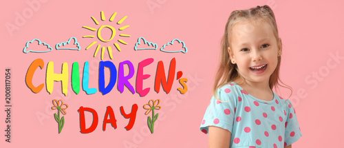 Adorable little girl on pink background