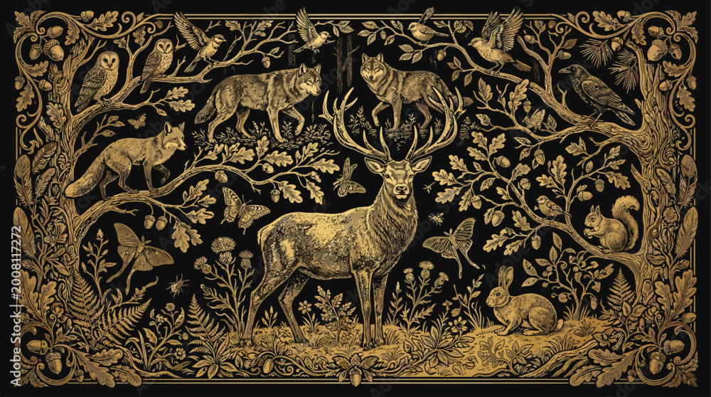 Fototapeta premium Luxury Vintage Forest Animals Golden Line Art Illustration on Black Background