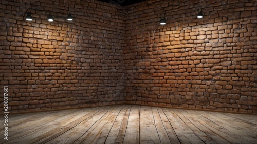 Rustic brick corner with wooden floor and spotlights brick wall interior