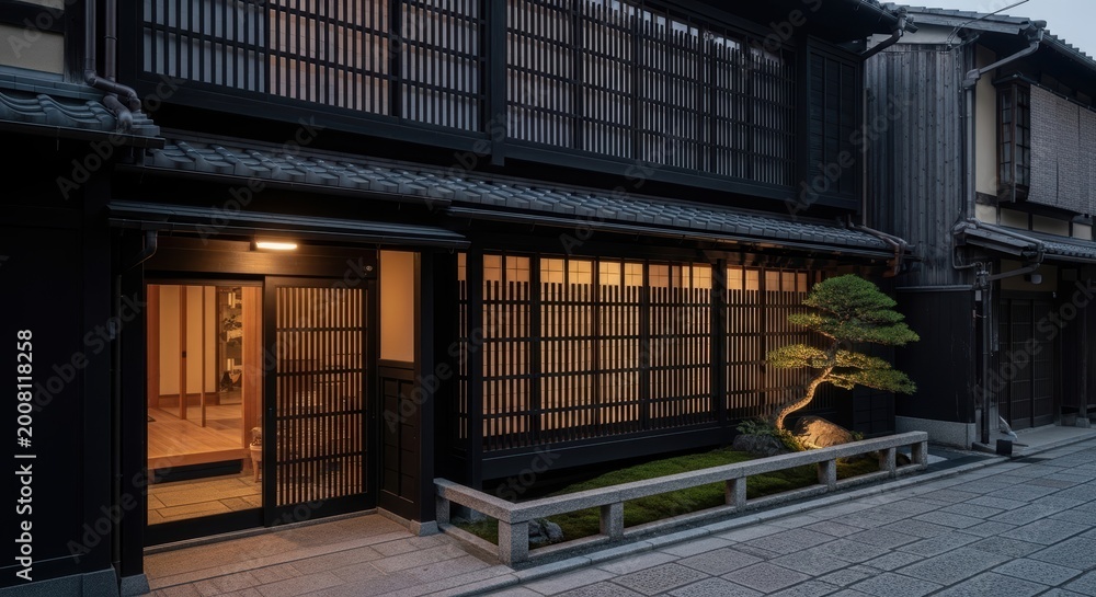Fototapeta premium Modern Japanese-inspired house features dark timber cladding, large shoji-style glass panels, serene zen garden with gravel and a tree at early morning
