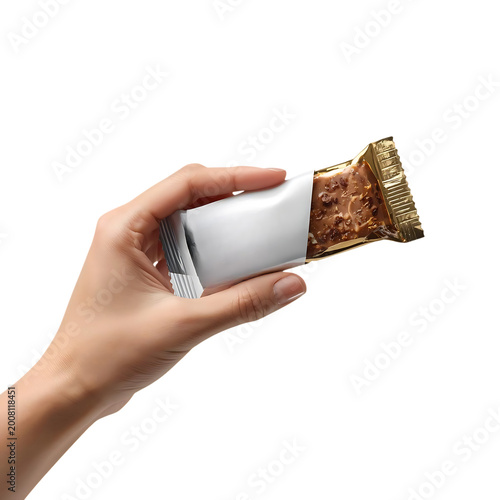 Hand holding a chocolate bar with foil wrapper, partially unwrapped, isolated on transparent background