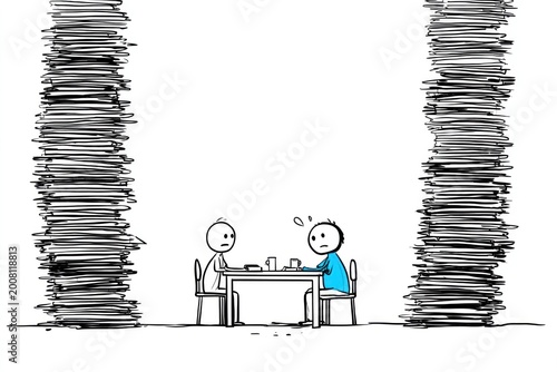 Two stressed cartoon men sitting at table with large piles of documents and paperwork showing workload pressure and office stress concept.