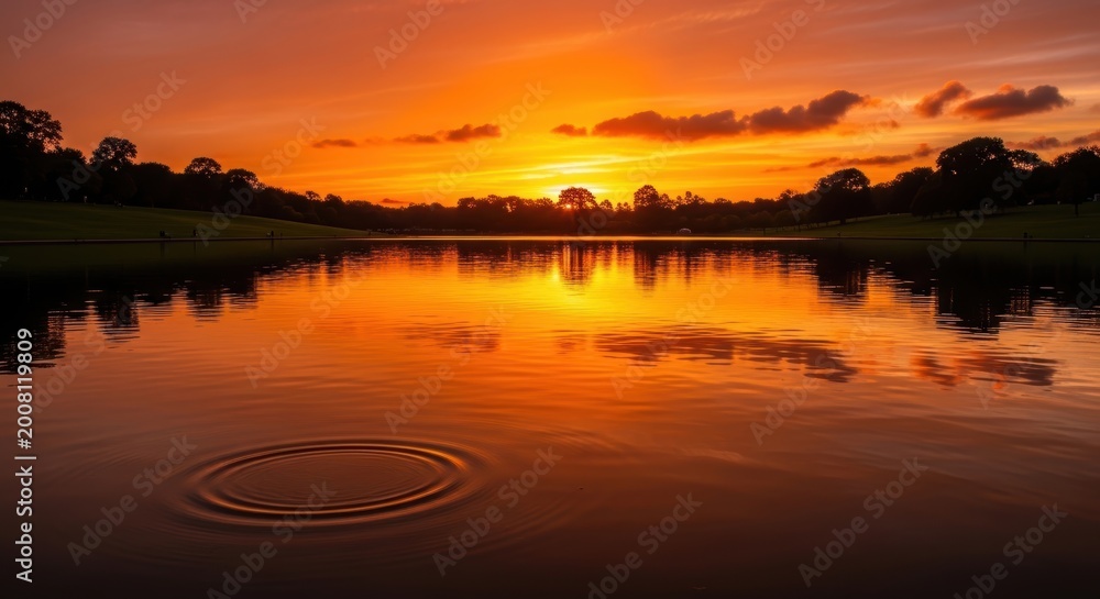 Fototapeta premium A serene lake reflects vibrant orange hues of sunset with ripples on water surface surrounded by trees and grassy shores under a cloudy sky.