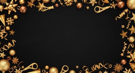 Gold christmas decorations border on black background