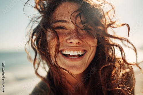 Joyful woman laughing outdoors at the beach with wind in hair, capturing the essence of happiness and carefree moments, showcasing natural beauty and tranquility